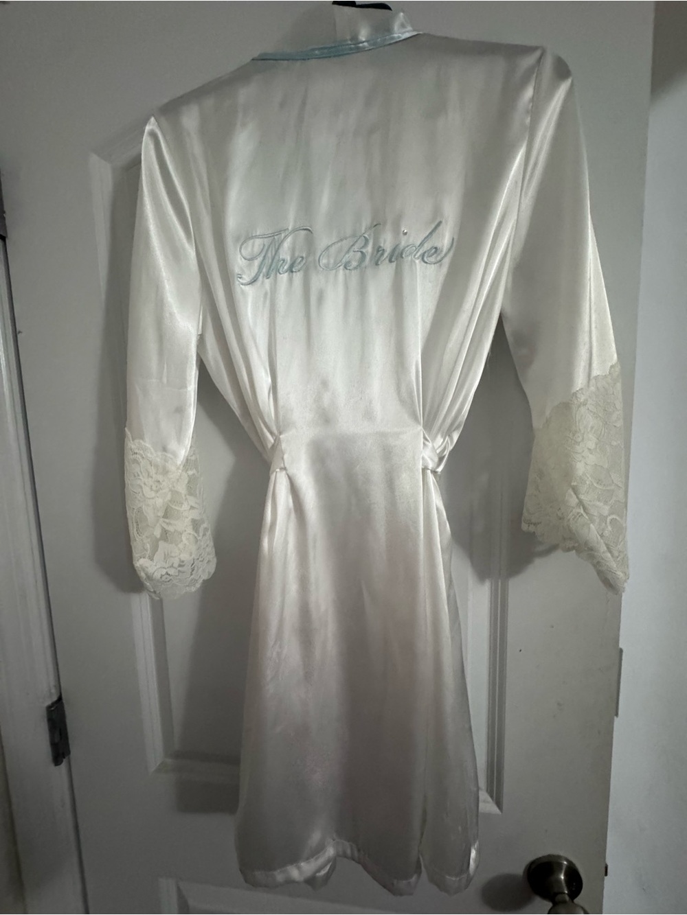 Linea Donatella Satin Bride Robe with Lace Sleeves - White S/M